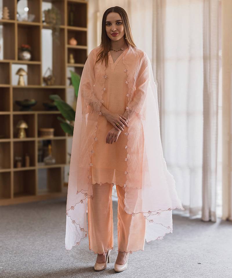 Peach embroidered chanderi straight suit set