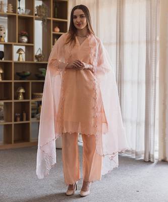 women’s peach chanderi suit set with elegant embroidery 1