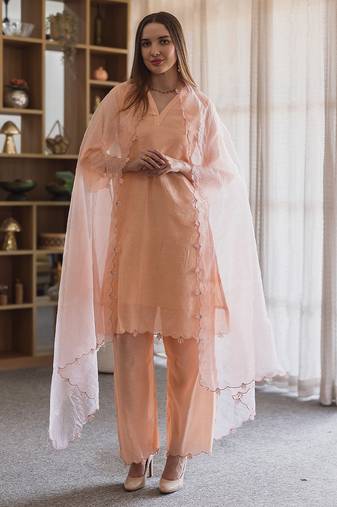 Peach embroidered chanderi straight suit set