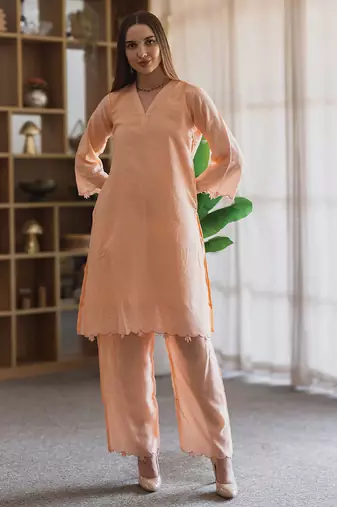 women’s peach chanderi suit set with elegant embroidery