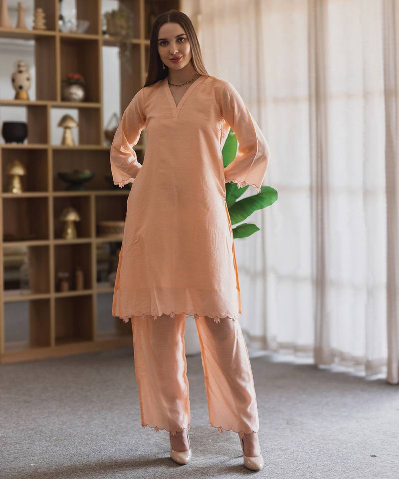 Peach embroidered chanderi straight suit set