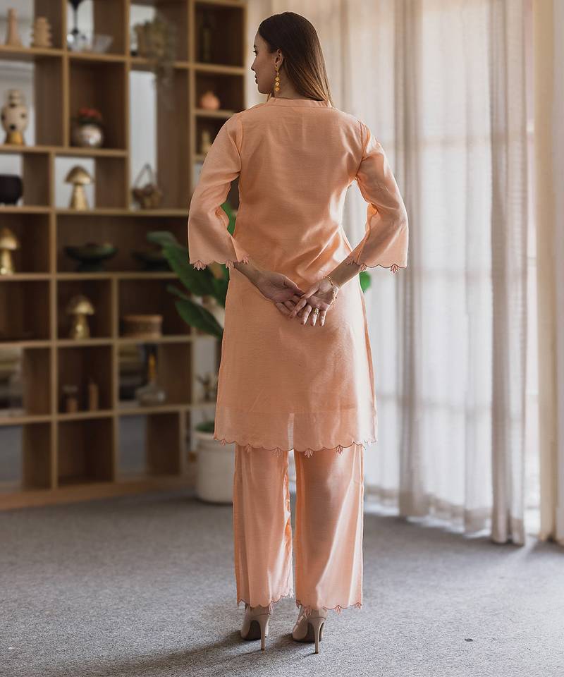 Peach embroidered chanderi straight suit set