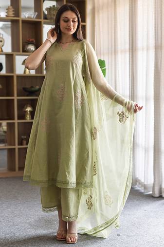 green embroidered linen straight suit set