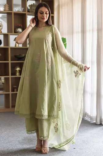 green embroidered linen straight suit set