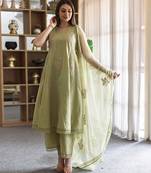 green embroidered linen straight suit set