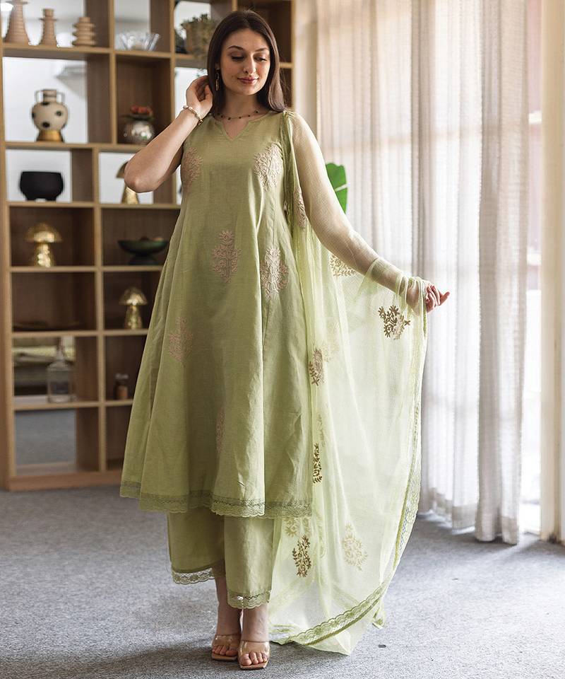 green embroidered linen straight suit set
