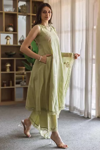 green embroidered linen straight suit set with dupatta