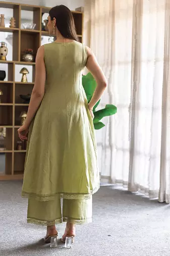 green embroidered linen straight suit set with dupatta