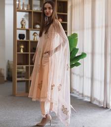 Peach embroidered linen straight suit set