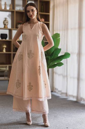 Peach embroidered linen straight suit set