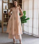 Peach embroidered linen straight suit set