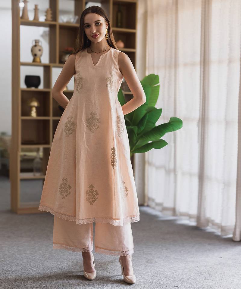 Peach embroidered linen straight suit set
