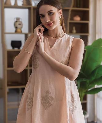 peach embroidered linen straight suit set with dupatta 5