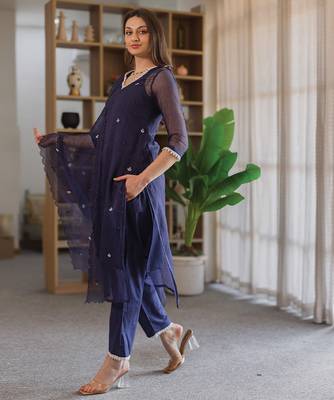 navy blue embroidered cotton straight suit set for women 2