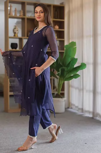 navy blue embroidered cotton straight suit set for women