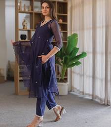 Navy blue embroidered cotton straight suit set