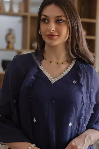 navy blue embroidered cotton straight suit set for women