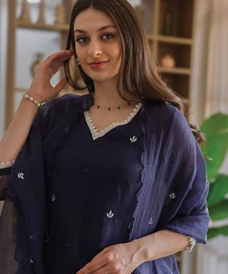 navy blue embroidered cotton straight suit set for women 4