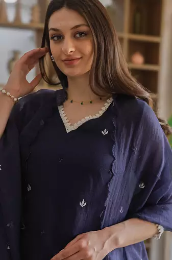 navy blue embroidered cotton straight suit set for women