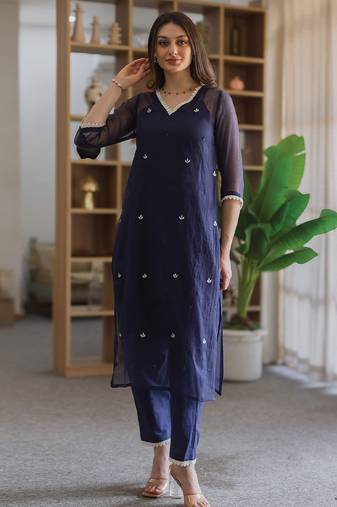 Navy blue embroidered cotton straight suit set