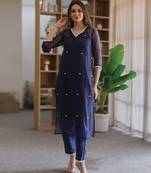 Navy blue embroidered cotton straight suit set