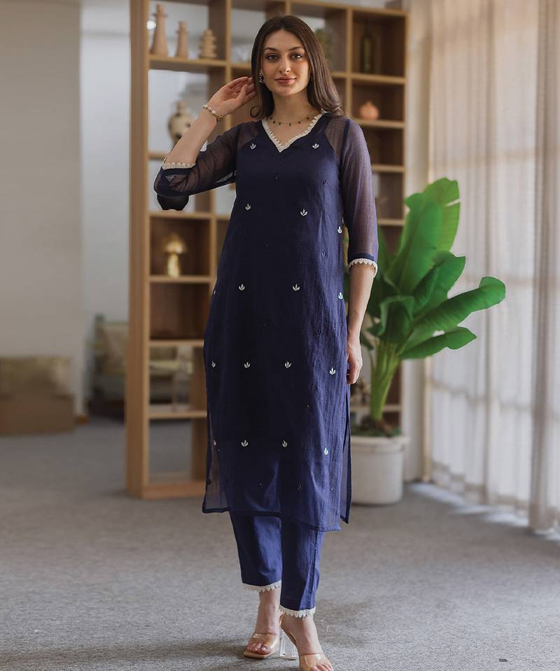 Navy blue embroidered cotton straight suit set