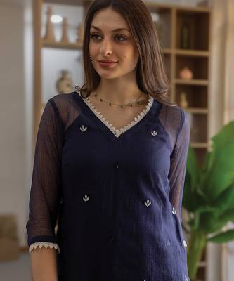 navy blue embroidered cotton straight suit set for women 5