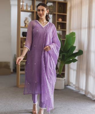 lavender embroidered cotton straight suit set for women 1