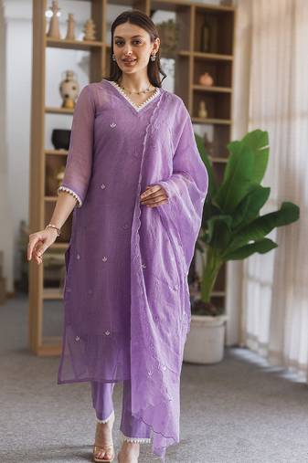 Lavender embroidered cotton straight suit set