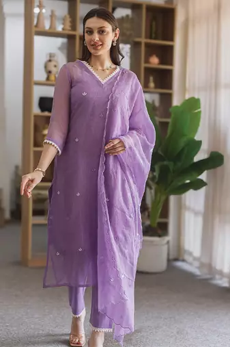 Lavender embroidered cotton straight suit set
