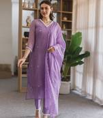 Lavender embroidered cotton straight suit set