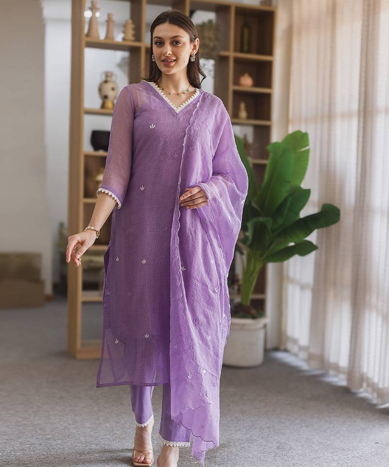 Lavender embroidered cotton straight suit set