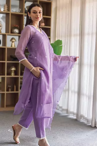 lavender embroidered cotton straight suit set for women