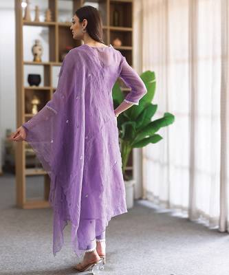 lavender embroidered cotton straight suit set for women 3
