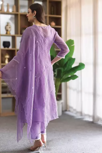 lavender embroidered cotton straight suit set for women