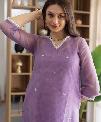 lavender embroidered cotton straight suit set for women 4