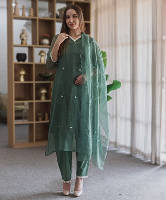 green embroidered cotton straight suit set for women 1