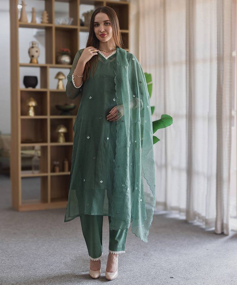 Green embroidered cotton straight suit set