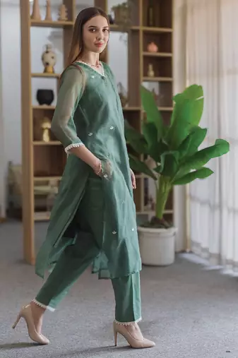 green embroidered cotton straight suit set for women