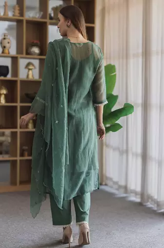 green embroidered cotton straight suit set for women