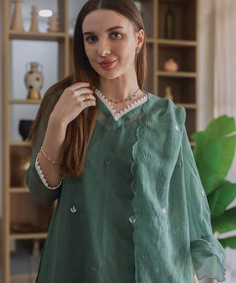 green embroidered cotton straight suit set for women 4