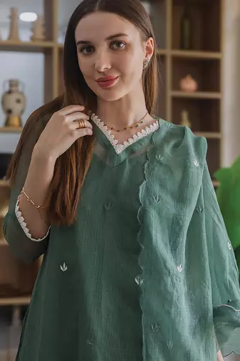 green embroidered cotton straight suit set for women
