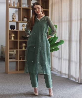 green embroidered cotton straight suit set for women 5