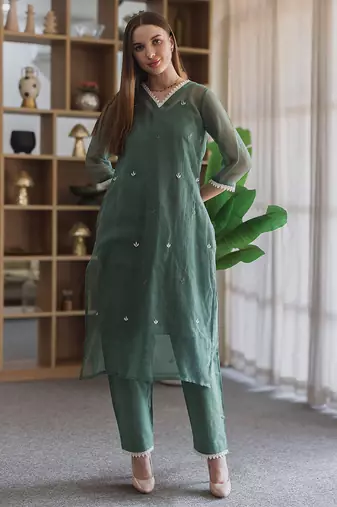 green embroidered cotton straight suit set for women