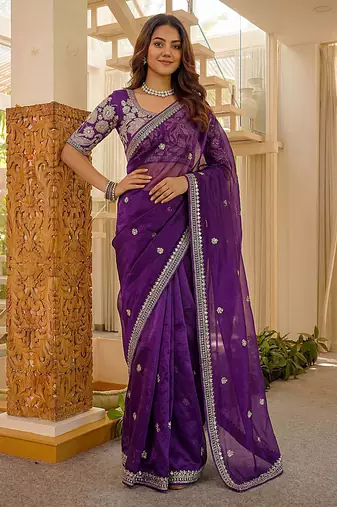 purple designer art satin silk party wear saree