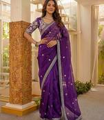 purple designer art satin silk party wear saree