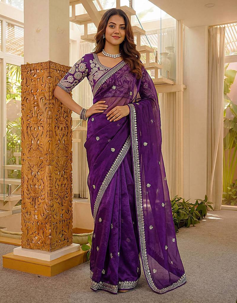 purple designer art satin silk party wear saree