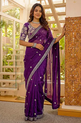 purple designer art satin silk party wear saree