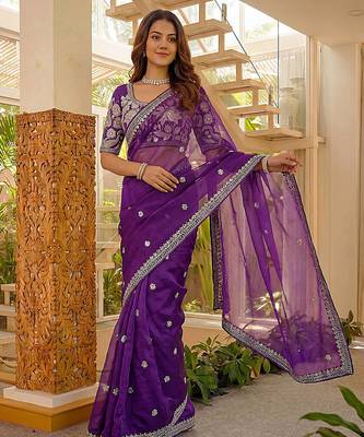 purple designer art satin silk party wear saree 3