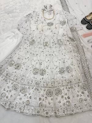 white embroidered georgette anarkali suit set for festive wear 4